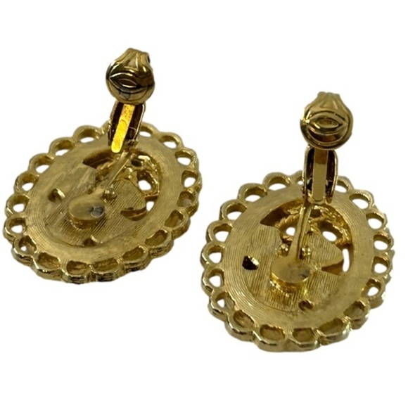 Gold Tone Cream Enamel Clip On Earrings 1.20”L - Picture 2 of 6